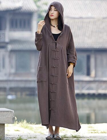 LUZU JUNU Women's Trench Coat Cotton Linen Hoodie Jacket Long Sleeve Chinese Frog Button Outwear with Pocket in Kuwait