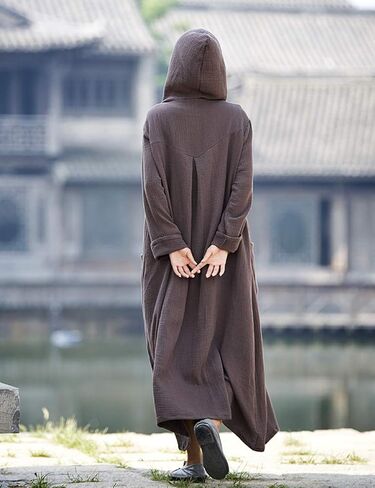 LUZU JUNU Women's Trench Coat Cotton Linen Hoodie Jacket Long Sleeve Chinese Frog Button Outwear with Pocket in Kuwait