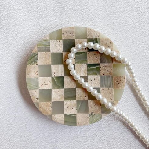 لوحة فحص الحجر الرخامي D4.7 'Round Small Clisling Mosaic Tray Jewelry Dish (Green Jade Onyx X Travertine) in Kuwait