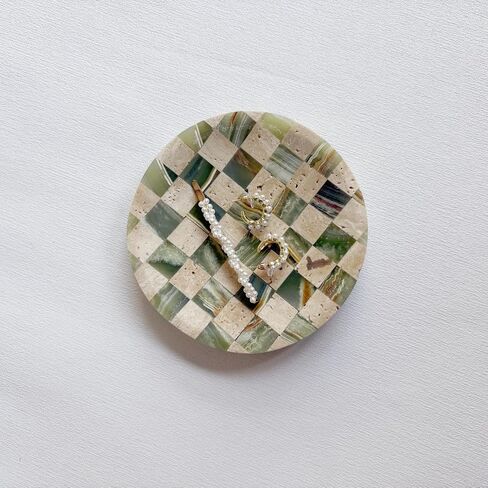 لوحة فحص الحجر الرخامي D4.7 'Round Small Clisling Mosaic Tray Jewelry Dish (Green Jade Onyx X Travertine) in Kuwait