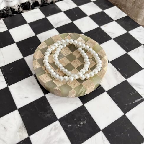 لوحة فحص الحجر الرخامي D4.7 'Round Small Clisling Mosaic Tray Jewelry Dish (Green Jade Onyx X Travertine) in Kuwait