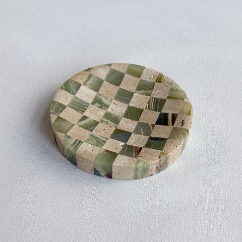 لوحة فحص الحجر الرخامي D4.7 'Round Small Clisling Mosaic Tray Jewelry Dish (Green Jade Onyx X Travertine) in Kuwait