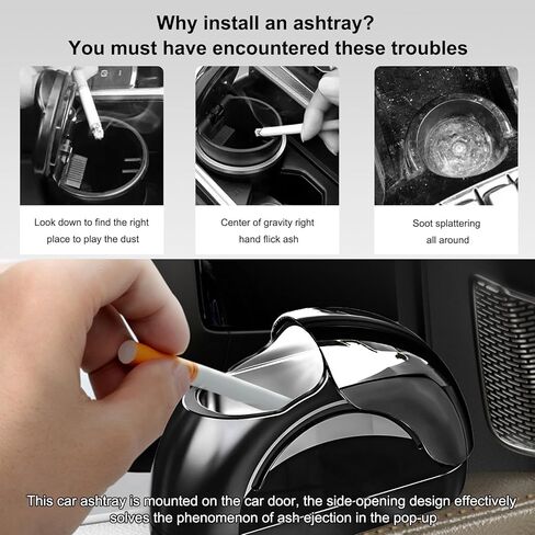 Car Ashtray with Lid, Portable Smokeless Car Door Cigarette Ashtray with LED Light, Windproof Automotive Ash Tray for Most Car Home Office Outdoor Use, Car Accessories (Black) in Kuwait