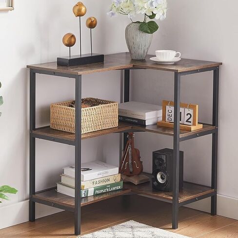 VECELO Corner Cabinet Table with 3 Tier Open Shelf, Multipurpose Display Organizer Storage Stand, for Small Space Living Room Home Office Kitchen, Brown in Saudi Arabia