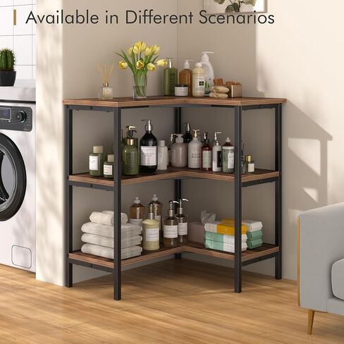 VECELO Corner Cabinet Table with 3 Tier Open Shelf, Multipurpose Display Organizer Storage Stand, for Small Space Living Room Home Office Kitchen, Brown in Saudi Arabia
