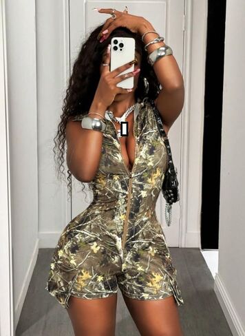 Molilove Womens Casual Camouflage Jumpsuit Y2K Sleeveless Zipper Cargo Shorts Romper Camo One Piece Outfits Streetwear in Saudi Arabia