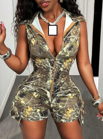 Molilove Womens Casual Camouflage Jumpsuit Y2K Sleeveless Zipper Cargo Shorts Romper Camo One Piece Outfits Streetwear in Saudi Arabia