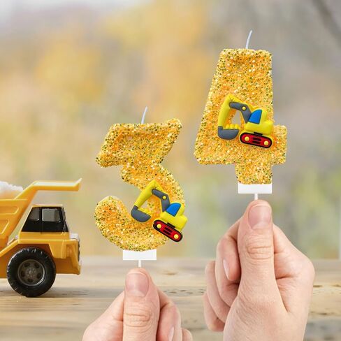 Construction Birthday Candles for Cake Decoration Yellow Glitter Number 2 Candle Construction Cake Topper Construction Themed Cupcake Topper Birthday Party Decorations Supplies Favors in Saudi Arabia