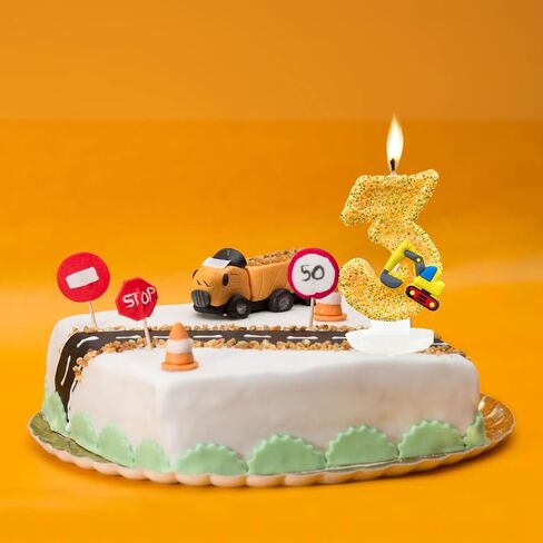 Construction Birthday Candles for Cake Decoration Yellow Glitter Number 2 Candle Construction Cake Topper Construction Themed Cupcake Topper Birthday Party Decorations Supplies Favors in Saudi Arabia