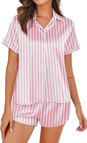 Ekouaer Silk Pajamas for Women Short Sleeve Satin Pajama Set Cute Loungewear Pijamas De Mujer Pink Leopard, M in Kuwait