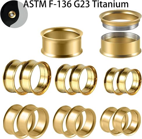 1 Pair Gold Plated Ear Tunnels G23 Titanium Internally Threaded/Threadless Double Flared/Single Flared Gauges Plugs Stretching Stretcher Expander Women Body Piercing Gauge Size 2G-00G 12mm-25mm in Saudi Arabia