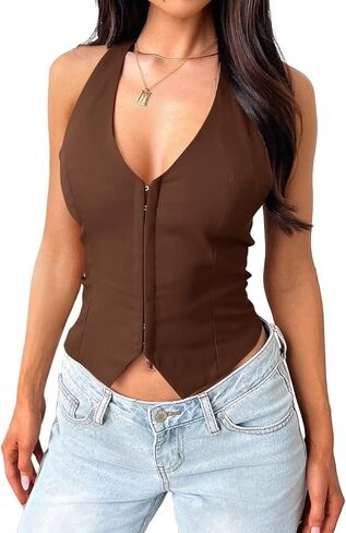 Women's Sexy Halter V Neck Tank Top Summer Sleeveless Trendy Vest Club Date Night Going Out Tops in Saudi Arabia