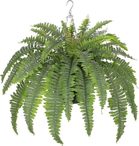 Hollyone 33" Artificial Boston Fern Hanging Basket Large 39 Leaves Fake Ferns in Rattan Pot Greenery Plants for Outdoors & Indoor Faux Fern Bush Basket Plant Patio Garden Home Decor Dusty Green in Kuwait