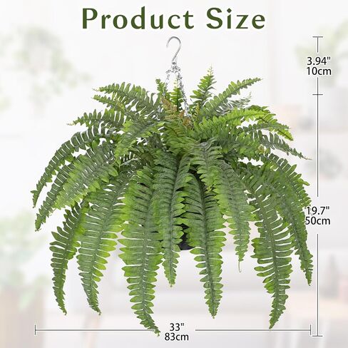 Hollyone 33" Artificial Boston Fern Hanging Basket Large 39 Leaves Fake Ferns in Rattan Pot Greenery Plants for Outdoors & Indoor Faux Fern Bush Basket Plant Patio Garden Home Decor Dusty Green in Kuwait