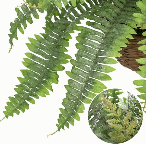 Hollyone 33" Artificial Boston Fern Hanging Basket Large 39 Leaves Fake Ferns in Rattan Pot Greenery Plants for Outdoors & Indoor Faux Fern Bush Basket Plant Patio Garden Home Decor Dusty Green in Kuwait