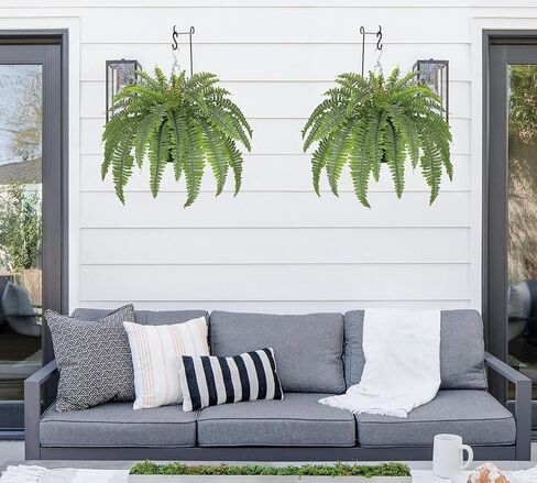 Hollyone 33" Artificial Boston Fern Hanging Basket Large 39 Leaves Fake Ferns in Rattan Pot Greenery Plants for Outdoors & Indoor Faux Fern Bush Basket Plant Patio Garden Home Decor Dusty Green in Kuwait