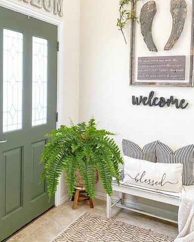 Hollyone 33" Artificial Boston Fern Hanging Basket Large 39 Leaves Fake Ferns in Rattan Pot Greenery Plants for Outdoors & Indoor Faux Fern Bush Basket Plant Patio Garden Home Decor Dusty Green in Kuwait