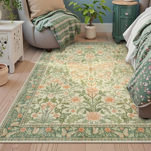 Collive 5x7 Butterfly Area Rug, Vintage Floral Rug for Girls Bedroom Washable Non Slip, Soft Boho Insect Carpet for Living Room Nursery Kids Room Playroom, Grass Green in Kuwait