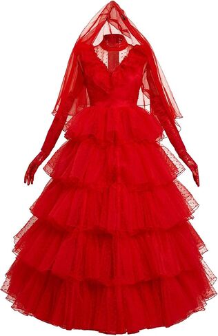 COSTHAT Women Girls Lydia Deetz Costume Halloween Beetle Bride Red Wedding Dress Outfits in Saudi Arabia
