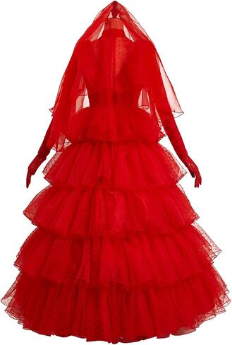 COSTHAT Women Girls Lydia Deetz Costume Halloween Beetle Bride Red Wedding Dress Outfits in Saudi Arabia
