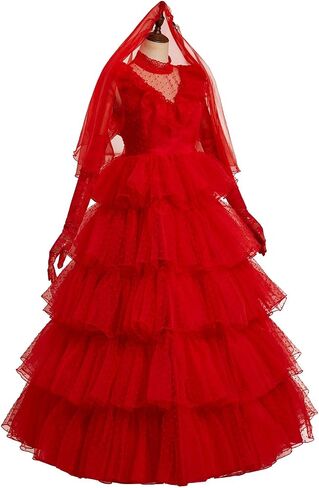 COSTHAT Women Girls Lydia Deetz Costume Halloween Beetle Bride Red Wedding Dress Outfits in Saudi Arabia