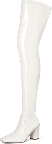 MUCCCUTE Thigh High Boots for Women Over the Knee Boots Gogo Boots Square Toe Chunky Heel Patent Leather Sexy Long Boots with Side Zipper in Saudi Arabia
