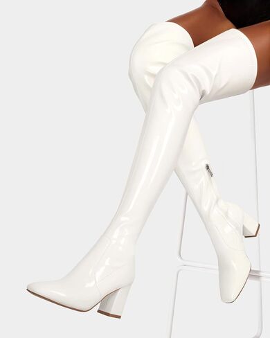 MUCCCUTE Thigh High Boots for Women Over the Knee Boots Gogo Boots Square Toe Chunky Heel Patent Leather Sexy Long Boots with Side Zipper in Saudi Arabia