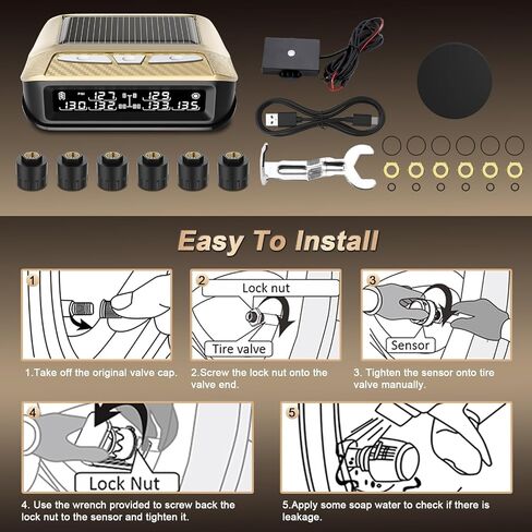 نظام مراقبة ضغط الإطارات RV 6 مستشعرات ، 0-199psi TPMs مع داعم الإشارة ، شاشة الطاقة الشمسية للشاحنة ، المقطورة ، العربة ، العجلة الخامسة ، 6 تنبيهات ، مسافة استشعار طويلة in Kuwait