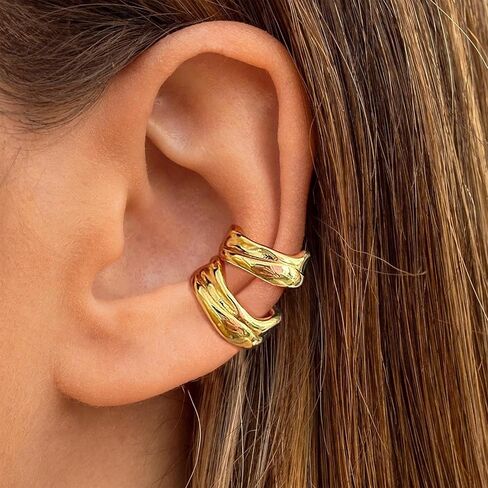 Chunky Sculptural Ear Cuffs Non Piercing for Women - Dainty 14K Gold Plated Cuff Earring Thick Cartilage Earrings Jewelry in Kuwait