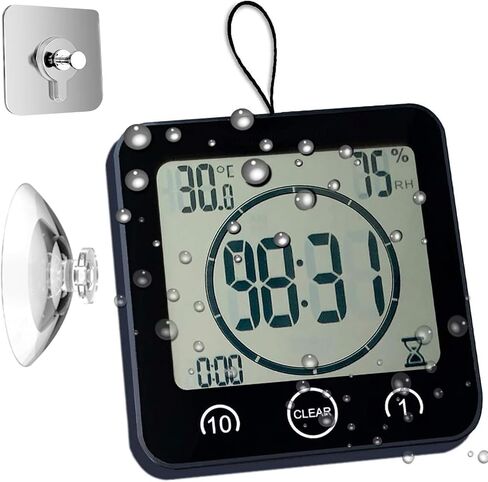 Large Waterproof Bathroom Wall Clock, Big Water Resistant Hanging Shower Clock for Bath Countertop, Moisture Proof Temperature Humidity Meter, Suction Clock Watch Time in Shower [Shatterproof Glass] in Saudi Arabia