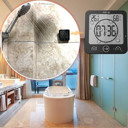 Large Waterproof Bathroom Wall Clock, Big Water Resistant Hanging Shower Clock for Bath Countertop, Moisture Proof Temperature Humidity Meter, Suction Clock Watch Time in Shower [Shatterproof Glass] in Saudi Arabia