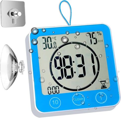 Large Waterproof Bathroom Wall Clock, Big Water Resistant Hanging Shower Clock for Bath Countertop, Moisture Proof Temperature Humidity Meter, Suction Clock Watch Time in Shower [Shatterproof Glass] in Saudi Arabia