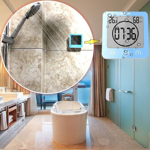 Large Waterproof Bathroom Wall Clock, Big Water Resistant Hanging Shower Clock for Bath Countertop, Moisture Proof Temperature Humidity Meter, Suction Clock Watch Time in Shower [Shatterproof Glass] in Saudi Arabia