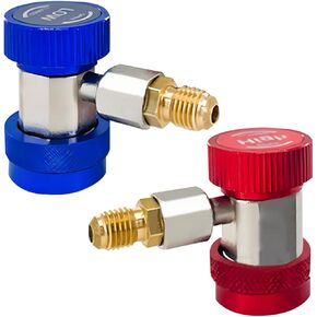 2PCS R134a Quick Coupler Adapters, Adjustable High/Low-Pressure Connectors with 1/4" Flare, R134a Refrigerant Adapter, and Hose Fittings for Car AC System Evacuation & Recharging