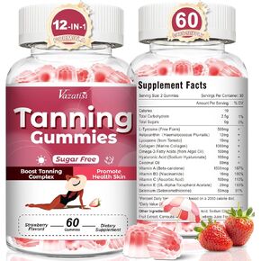 Sugar Free Tanning Gummies for Women, Supports Radiant Tan & Healthy Skin, Extra Strength with Astaxanthin Lycopene Beta Carotene and Vitamins - Supports Faster Tanning, Strawberry Flavored, 120 Count