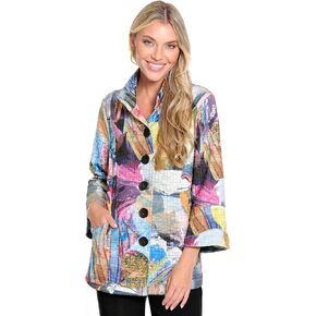 Ali Miles Women's Woven Quilted Button Front Jacket Wire Collar Cuff Sleeves