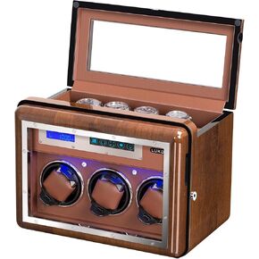 Watch Watch Watch With 3 Head Running Motor Watch شاشة LCD شاشة LCD+ 4 مربع تخزين ، مزين بالماس ، Walnut Watch Winder لرولكس مع 5 وسائد مراقبة قابلة للتعديل ، محول التيار المتردد