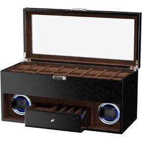 Dukwin 16 Slot Watch Case with Watch Linding for 2 ، Watch Winder مع 4 وضع دوران ، وسادة ساعة قابلة للتعديل وضوء LED الأزرق لمحبي الساعة ، صندوق ساعة متعدد الوظائف