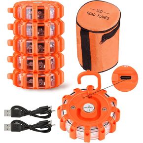 Vancle USB C Rechargeable LED Road Flares Emergency Lights Roadside Warning Car Traffic Safety Beacon Flashing Disc Flare Kit Strobe with Magnetic Base for Construction Vehicles Truck Boat, 3 Pack