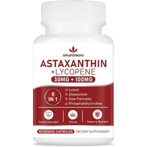 Astaxanthin and Lycopene 70mg, Astaxanthin Supplement with Phosphatidylcholine, Lutein and Zeaxanthin, Powerful Antioxidants Supplement Support for Skin, Eye and Joint Health (60 Capsules)
