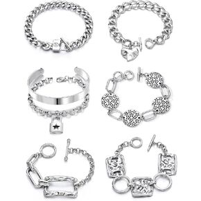 KISS WIFE Vintage Silver Bracelets Set for Women Men, OT Toggle Clasps Bracelet, Heart Lock Hollowed Prints Bangles Chunky Cuban Link Chain Charm Bracelet Pack Punk women's Jewelry