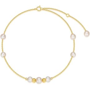 14K Solid Gold Pearl Bracelet for Women,8 Freshwater Cultured Pearl with Gold Bead Bracelets Anklets Anniversary Christmas Birthday Mother’s Day Jewelry Gifts for Mom Wife Her 6.5''+1''+1''