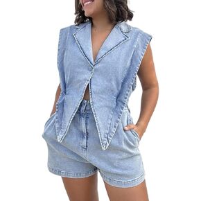 HuiSiFang Women's Denim Jumpsuit Casual Short Triangle Cutout Loose Fit Romper Vintage Jean Jumpsuit