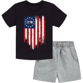 DDSOL Toddler Boy USA Outfit Kids Short Sleeve Sets Independent Day Bulldozer Stars T Shirt and Casual Shorts Set 2T-7T
