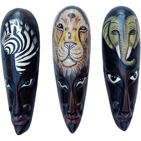 OMA African Mask Wall Hanging Decor African Tiki Masks Wooden Wall Sculptures Set of 3, Zebra Safari Theme Home Decor, Hand Painted Tropical Jungle Decor, 12" High