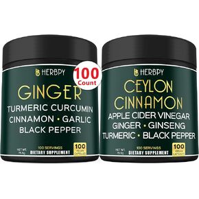 Bundle 5in1 Ginger Supplement & 6in1 Premium Ceylon Cinnamon Supplements - Supports Immune, Digestive, Heart Health and Body Balance