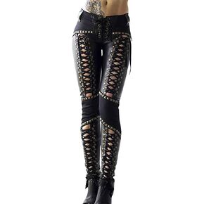 xxxiticat Women's Faux Leather Cross Pants High Waisted Rivet Lace Up Bandage PU Leather Patchwork Skinny Legging Pants