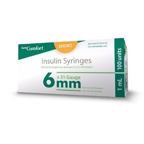 SureComfort U-100 Insulin Syringes 31G x 1/4" 1cc (6 mm), Quality Disposable Syringes for Diabetes Care, Box of 100