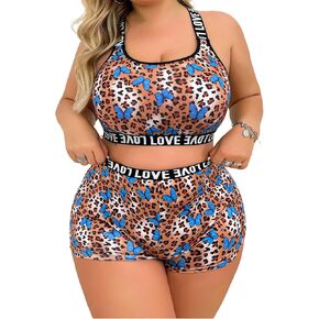 SOLY HUX Women's Plus Size Leopard Print Tummy Control Lingerie Set Wireless Bra and Panty 2 Piece Cheetah Underwear