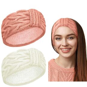 Winter Headbands for Women's Hair, Knitted Headband Women, 2 PCS Chunky Ear Warmer Crochet Braided Ear Muffs Fleece Lined Elastic Wide Head Bands Adult Women Head Wraps for Sport, Daily Wear
